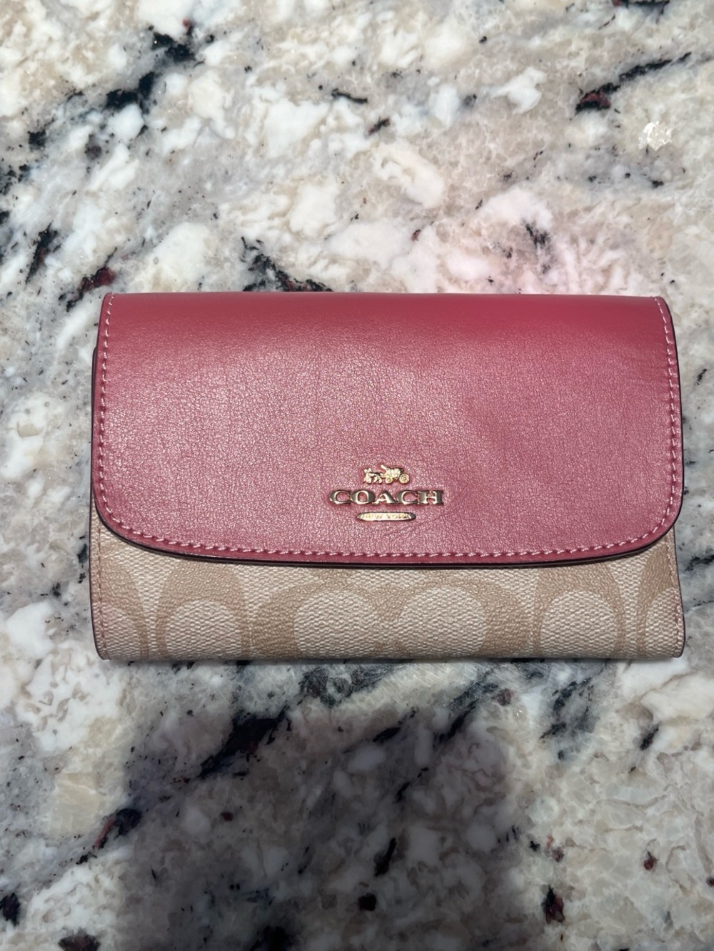 Coach Beige Signature Canvas Wallet with Rose Pink Leather Flap